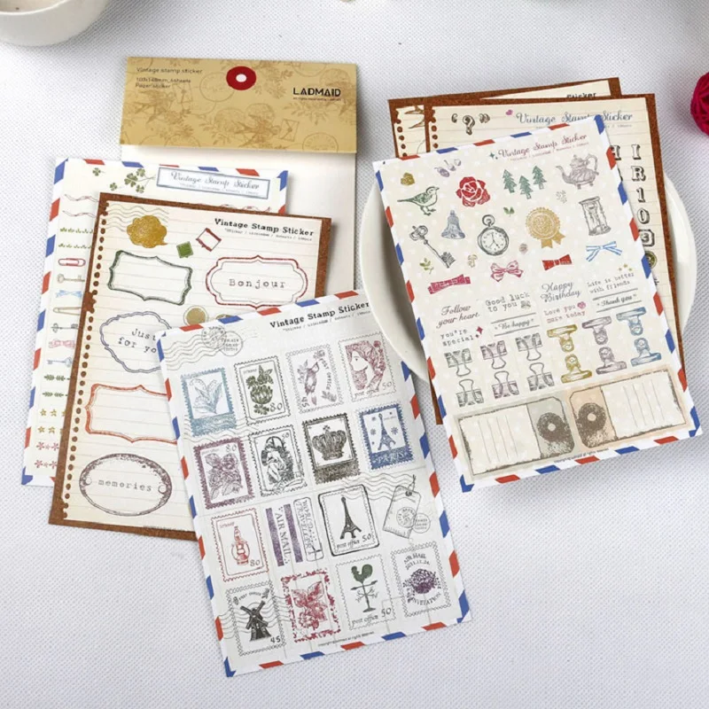 6sheets vintage stamp design paper stationery label stickers for scrapbooking letters clip clock shape craft
