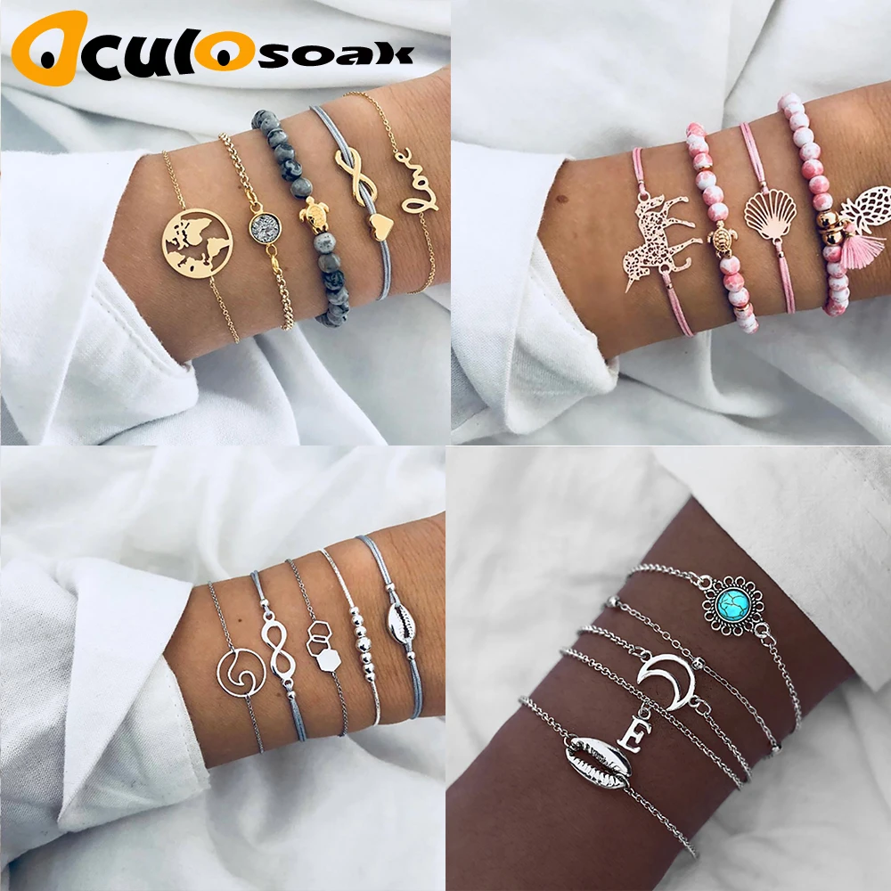 

Vintage Turtle Heart Map Charm Bracelets Set For Women Stone Beads Infinite Strand Bracelets & Bangles Boho Fashion Jewelry