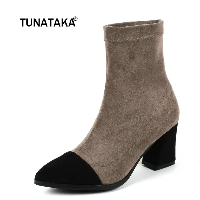 

Women Suede Thick High Heel Ankle Boots Fashion Slip On Pointed Toe Mixed Colors Fall Winter Bootie Gray Apricot