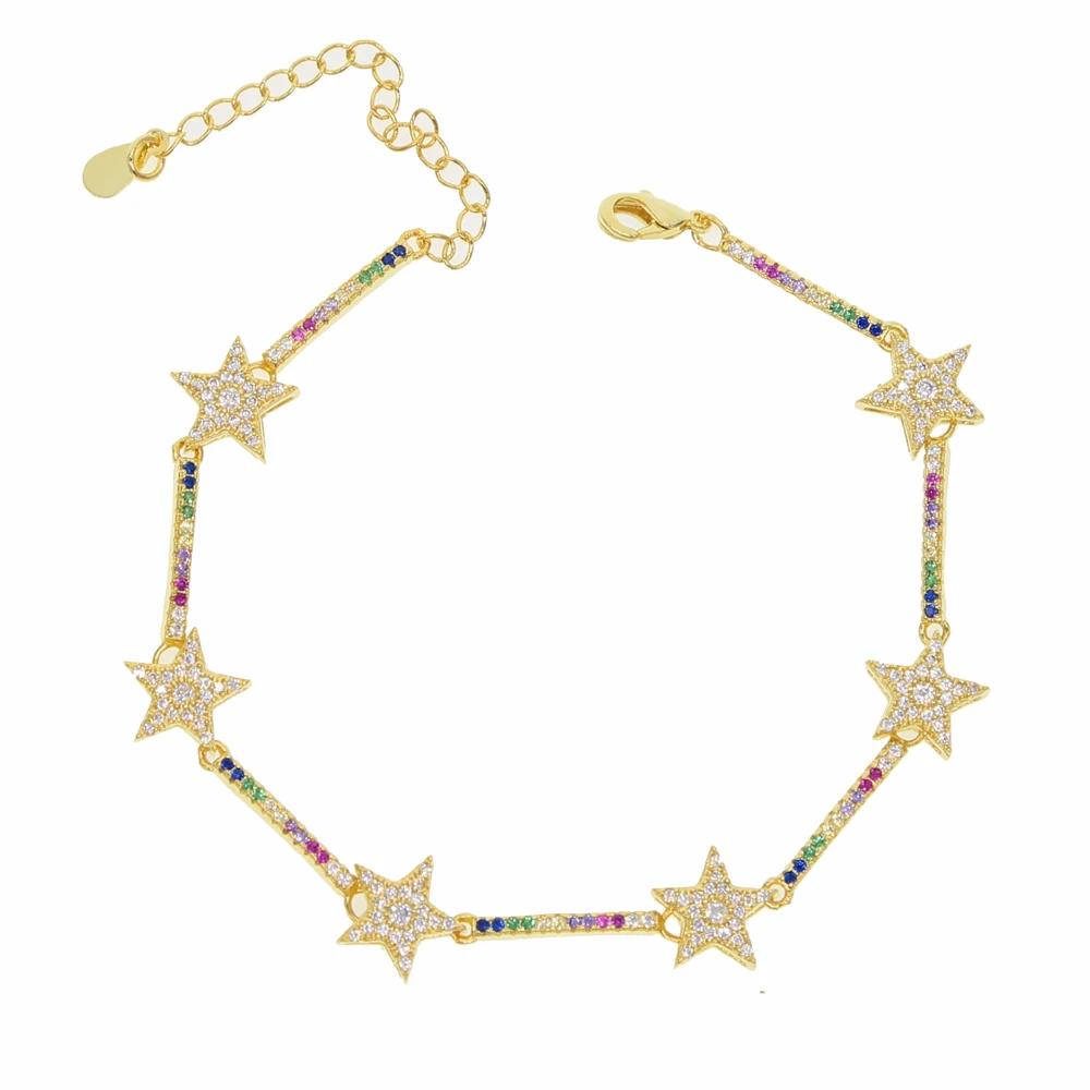 

Sparking Star bangle bracelets for lucky girl women top quality pave multi color rainbow cz bracelet gold color delicate jewelry