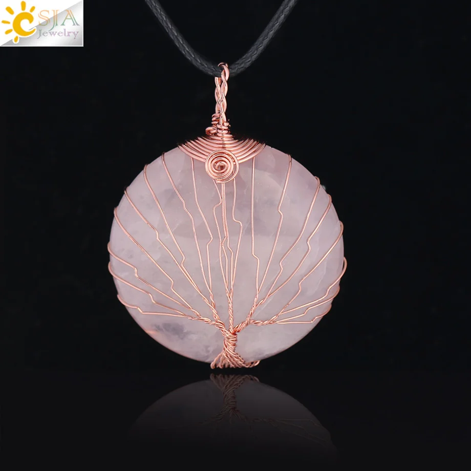

CSJA Chakra Natural Gem Stone Pink Crystal Quartz Round Necklaces Pendants Reiki Tree of Life Rose Gold Wrap Women Jewelry F293