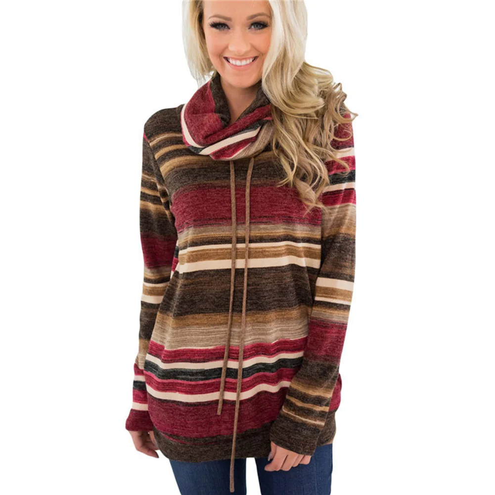 

Newly Women Autumn Long Sleeve T-shirt Pile Collar Stripe Pocket Tops T-shirt DO99