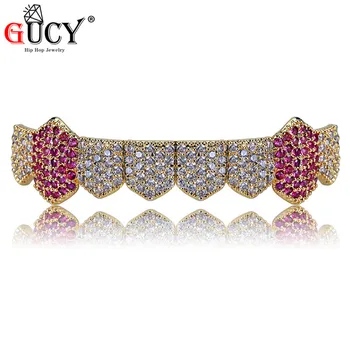 

GUCY Hip Hop Teeth Grills Gold Silver Color Iced Out Micro Pave White & Fuchsia CZ Vampire Fangs Bottom Teeth Grillz For Gift