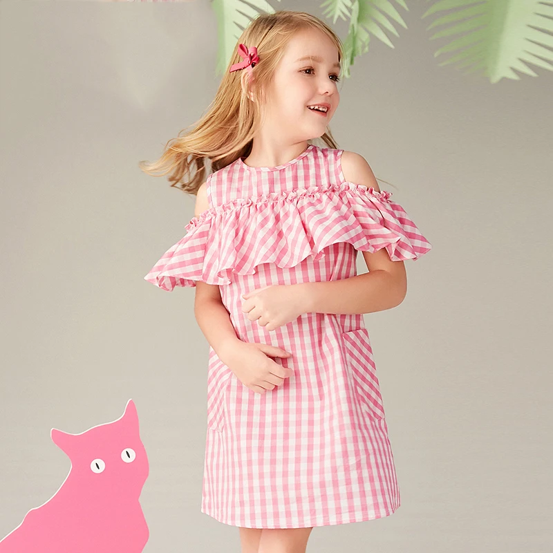 

Girl's plaid dress children's dress summer dress thin simple shoulder-curled princess dress