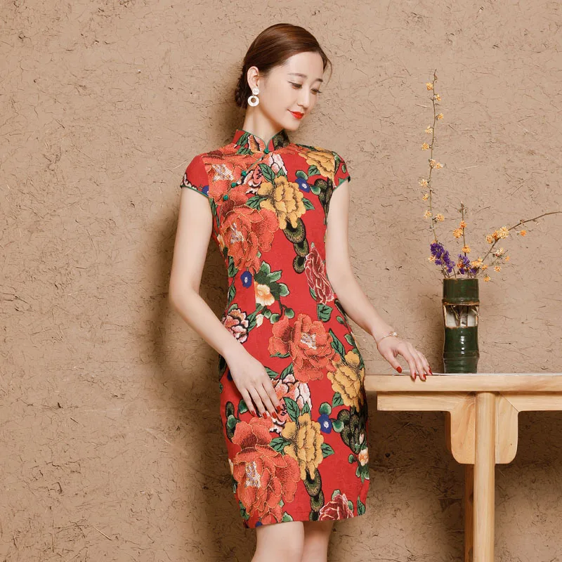 China Dresses Qipao Cheongsam Cotton Linen Mujer Vestidos Plus Size for Women Short 3XL 4XL 5XL Summer