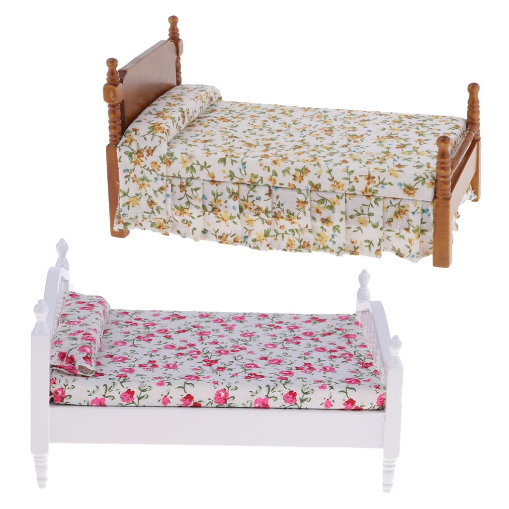1/12 Dollhouse Miniature Furniture Toy Princess Bed With Floral Pillow