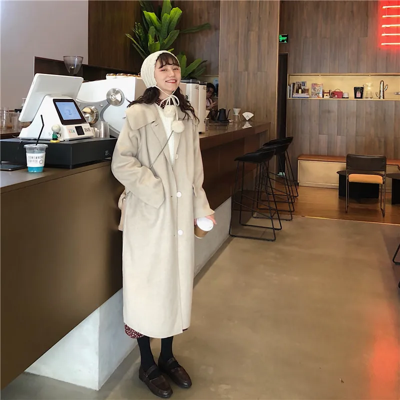 

OLN 2019 New Style Solid Color Long Temperament Coat Female High Quality Thick Single-breasted Lapel Women's Woolen Coat 7195