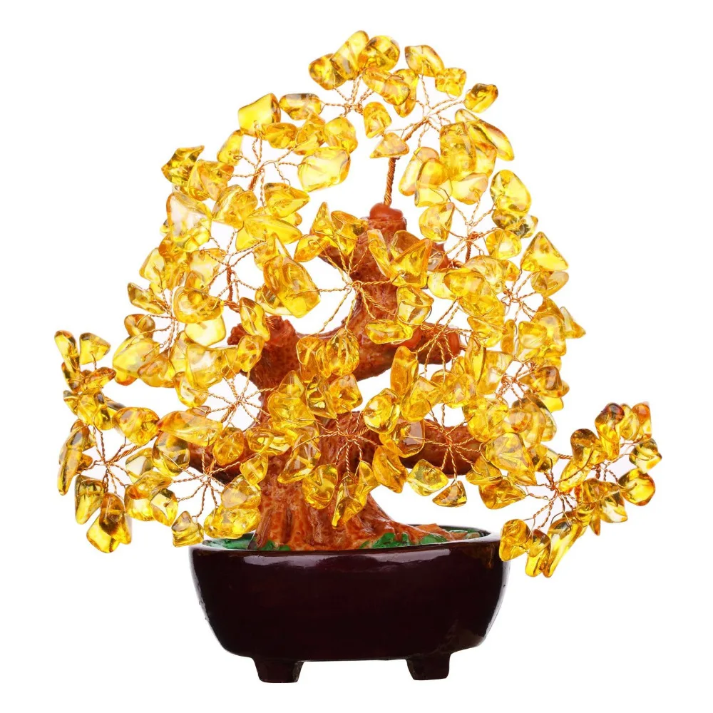 Feng Shui Natural Citrine Gem Stone Money Tree 7 Inch For Wealth Luck