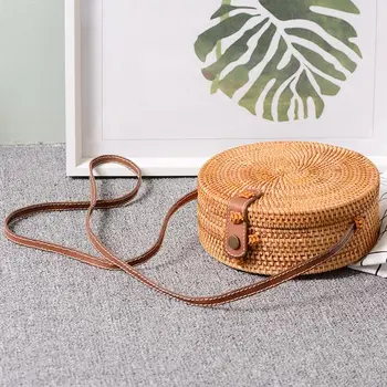 

Bali Vintage Handmade Crossbody Leather Bag Round Beach Bag Girls Circle Rattan bag Small Bohemian Shoulder bag