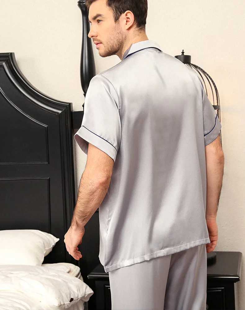 Пижамный комплект сплошной шелк Лето Плюс Размер 2019 с коротким рукавом мужские шелковые пижамные комплекты брюки два предмета наборы