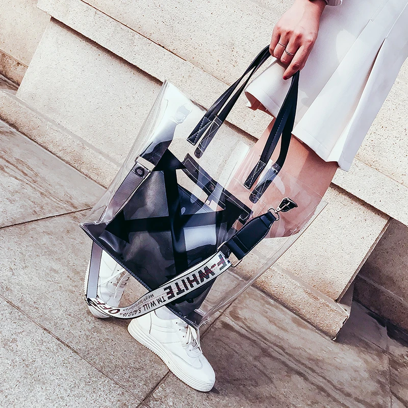 

2018 New Summer Beach PVC Transparent Big Totes Women Clear Bag Printing Letters Shoulder Bag For Women Female Handbag Bolsa 051