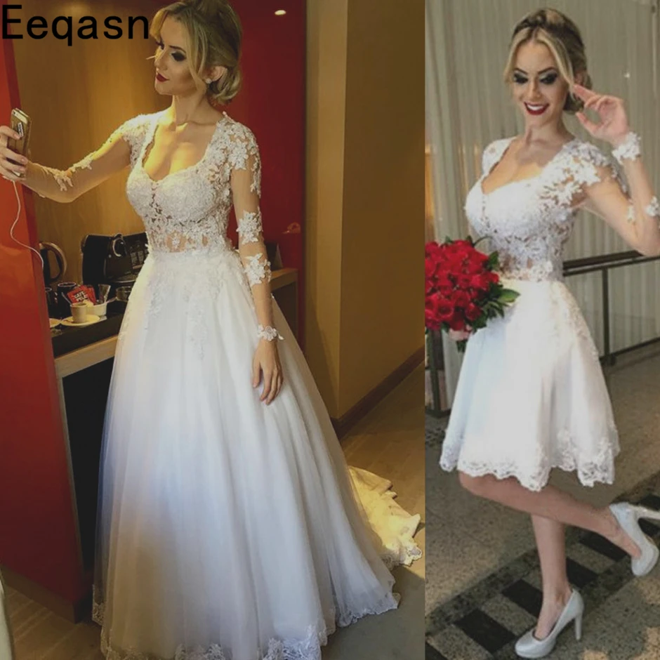 

Vestido de noiva 2 in 1 Wedding Dress 2018 Elegant Illusion Back Long Sleeves Lace Applique Women Wedding Dress