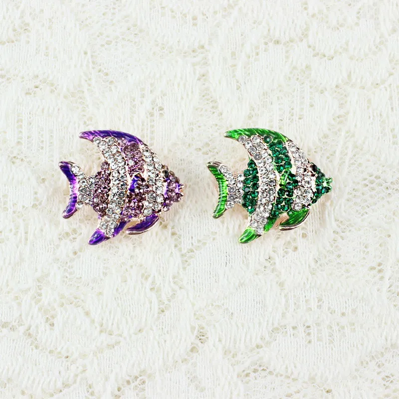 Simple Cute Gold Color Green Cartoon Animal Fish Brooches Pins CZ Crystal Rhinestone Brooch Badges Dress For Women Men Collar | Украшения и