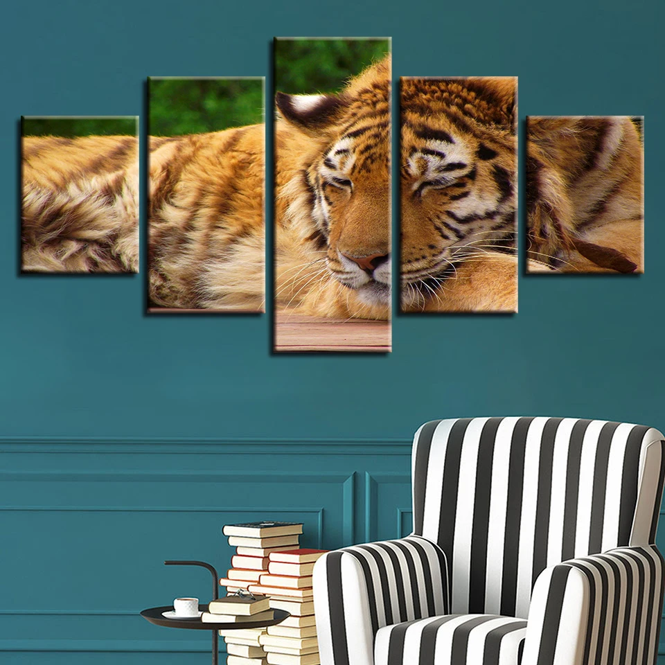 

Framework Wall Art Poster Home Decoration Modern 5 Panel Animal Tiger Living Room Canvas HD Print Modular Pictures Painting