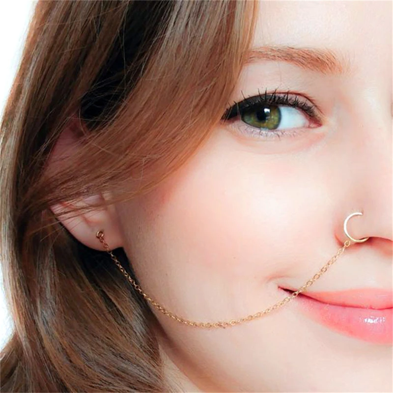 

Punk Ethnic Silver Gold Color Clip On Nose Lip Ear Chain For Women Girl Shellhard Nose Ring Stud Body Piercing Jewelry C25