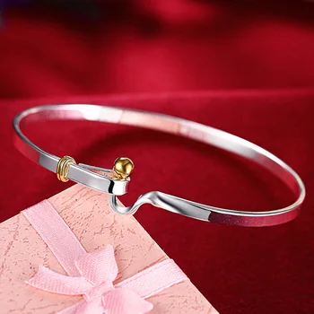 

DOTEFFIL 925 Sterling Silver Gold Beads Bangle Bracelet For Woman Wedding Engagement Fashion Charm Party Jewelry