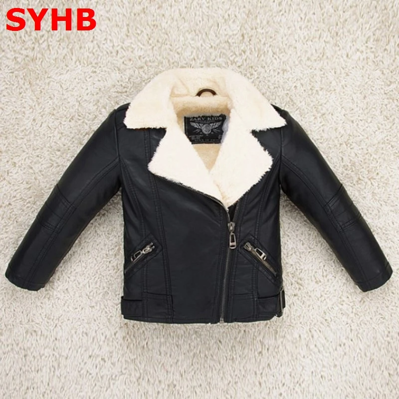 

Baby Boys Winter Jacket Fleece Inside Black Leather Jacket Kids PU Coats Zipper Baby Overcoat Pocket Kids Outwear SYHB123002