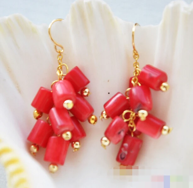 

FREE SHIPPING>>> free shippinbg 12119 red cylindrical coral bead grape dangle earring