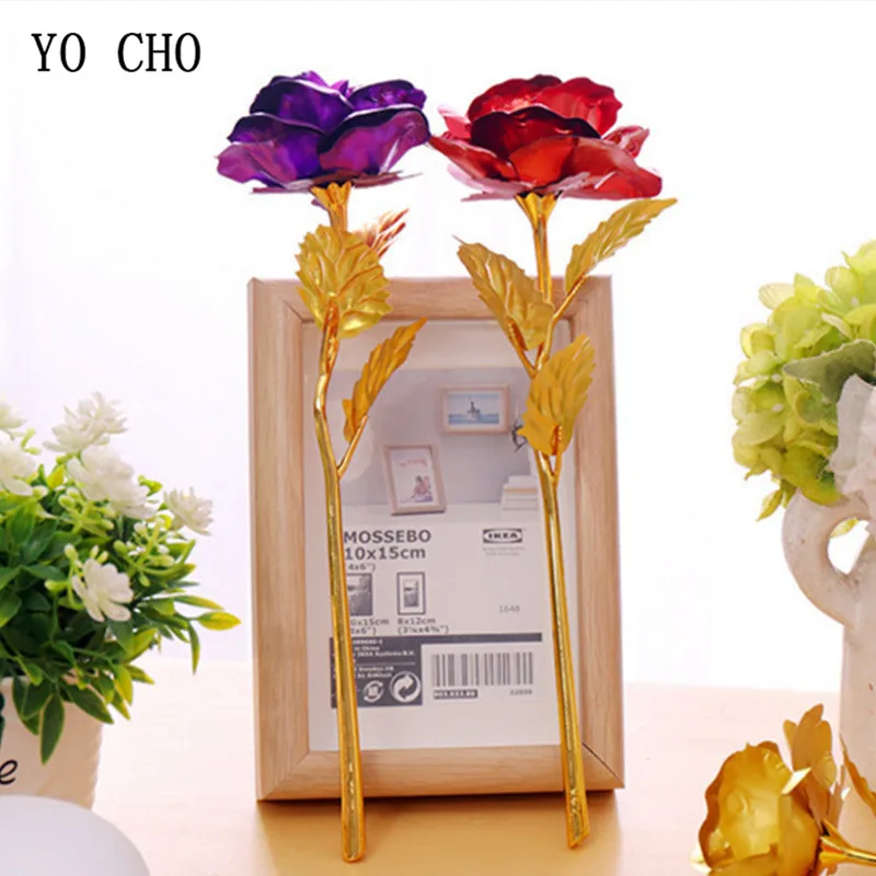 YO CHO 24 K Gold Foil Roses Artificial Flowers Home Decoration Mother's Day Big Flower Heads With Stem Anniversary Gift Flower