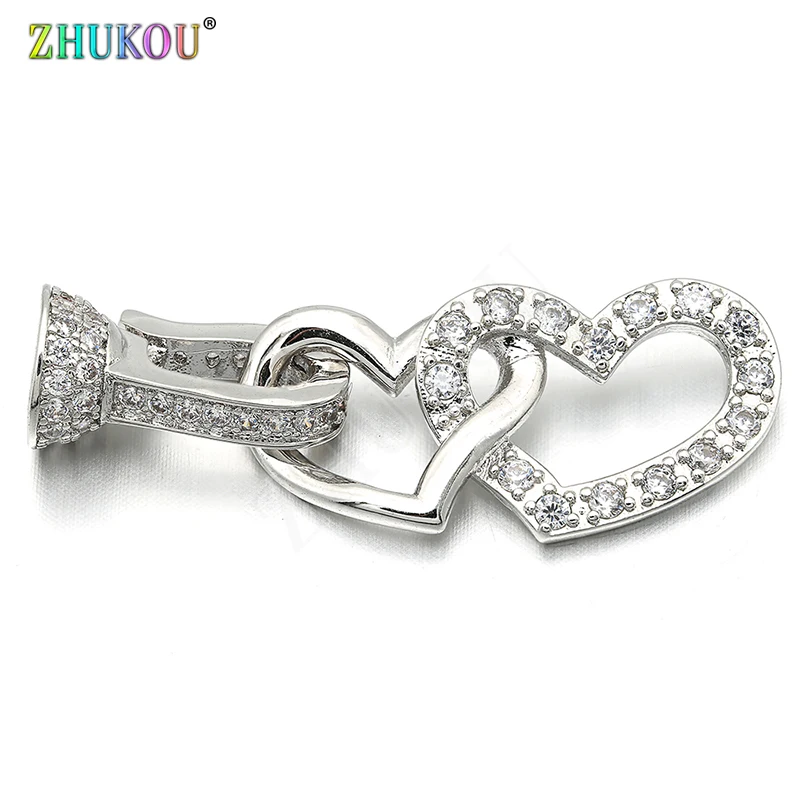 

13*36mm Brass Cubic Zirconia Double Heart Clasps Hooks for Diy Jewelry Findings Making, Model: VK37