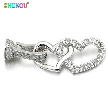 

13*36mm Brass Cubic Zirconia Double Heart Clasps Hooks for Diy Jewelry Findings Making, Model: VK37