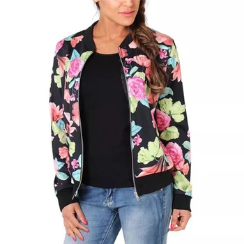

New Ladies Fashion Flower Print Bomber Jacket Women Autumn Long Sleeve Casual Tops Zipper Jackets Outwear Loose Tops Basic Coat