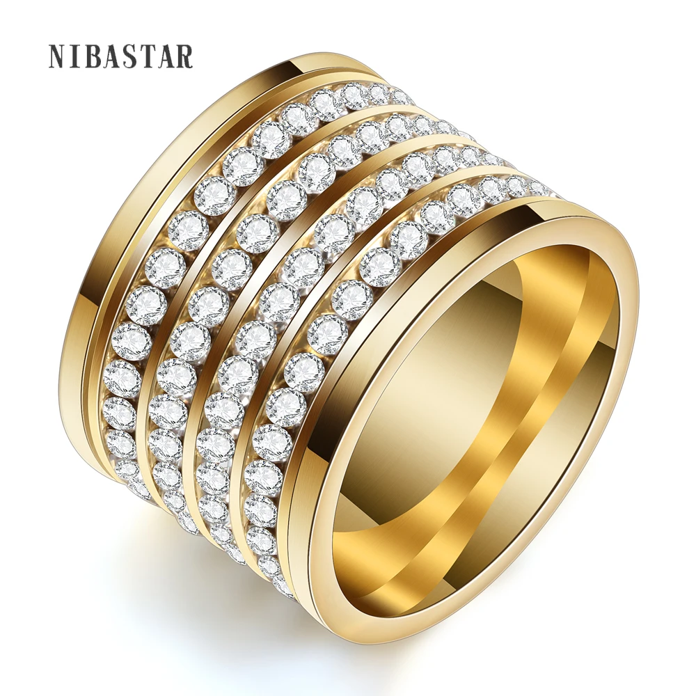 

shining full 4 Row Crystal rhinestone Gold Stainless Steel Couple Wedding rings for men and Women