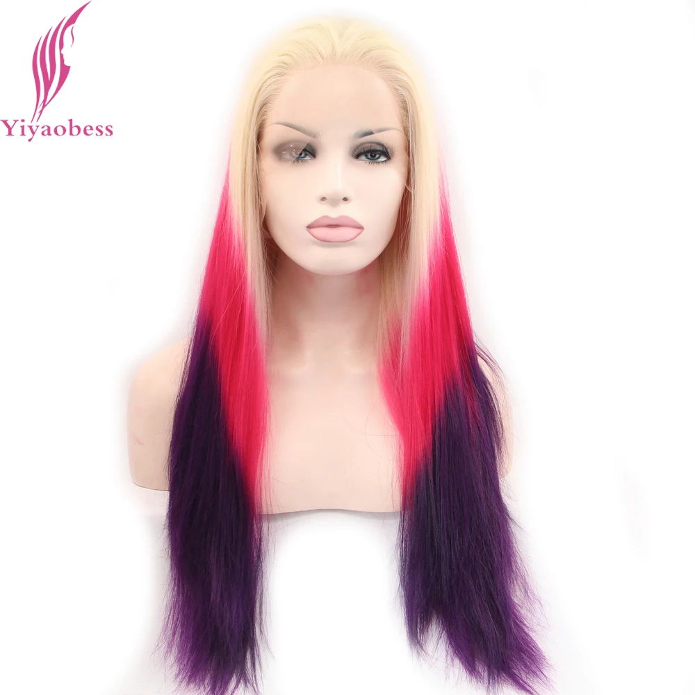 

Yiyaobess Long Straight Lace Front Wig Synthetic Hair Colorful Rainbow Glueless Blonde Red Purple Ombre Cosplay Wigs For Women