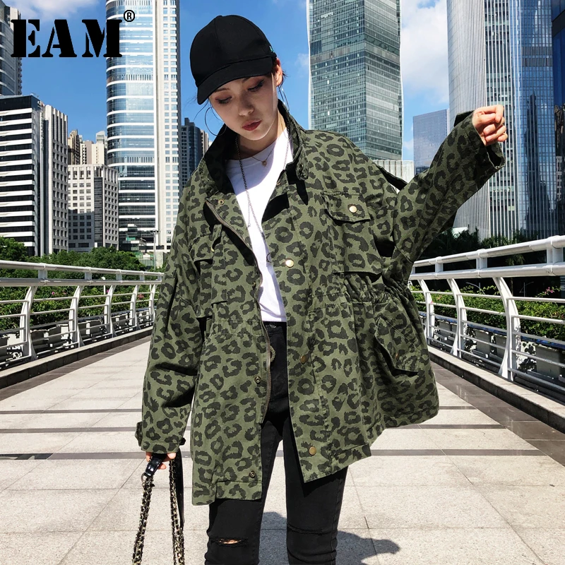 

[EAM] 2019 New Spring Stand Collar Long Sleeve Camouflage Leopard Printed Loose Big Size Jacket Women Fashion Coat JI801