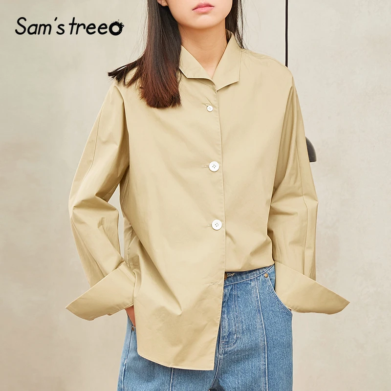 

Samstree Spring Summer Safari Style Women Blouse Sheer Cotton Turn-down Collar Long Sleeve Side Slit Solid Color Female Shirts