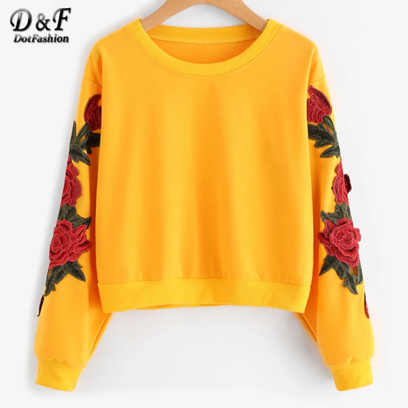 

Dotfashion Rose Embroidered Applique Sweatshirt 2017 Yellow Round Neck Long Sleeve Pullovers Women Autumn Sweatshirt