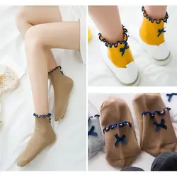 1 пара, новые милые однотонные хлопковые носки, женские носки разных цветов, кружевные носки с бантиком, носки для школьниц, корейская мода