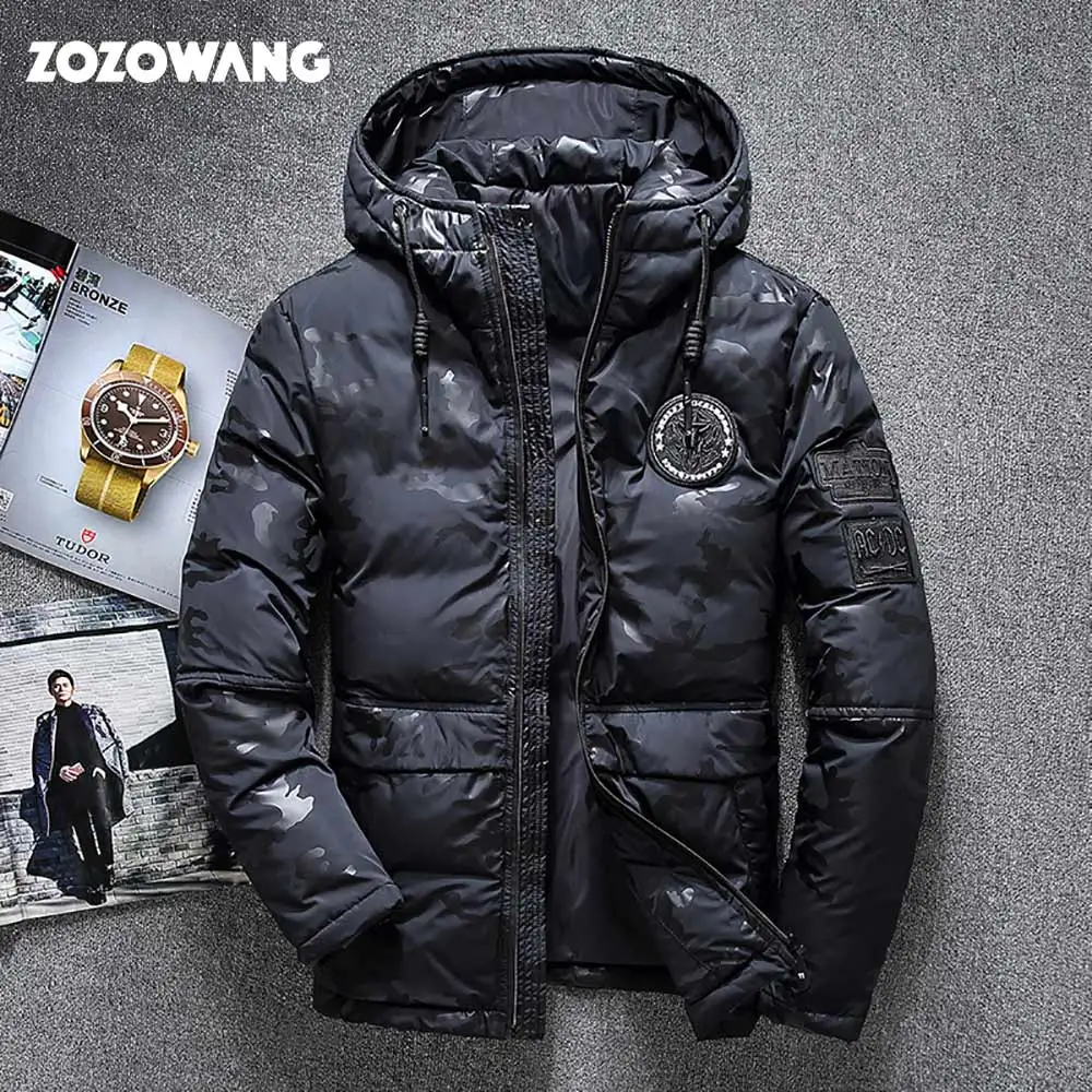 ZOZOWANG Высококачественная Мужская зимняя куртка, толстая зимняя парка, пальто, белый пуховик на утином пуху, мужское ветрозащитное пуховое пальто, Размер 4XL - Цвет: Черный