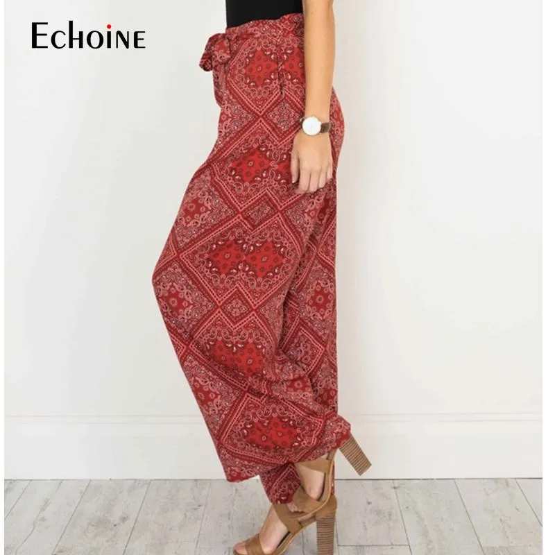 2019 Summer Fashion bohemian Wide Leg Pants Women Trousers Length with Sash Loose Casual Elegant streetwear Female Trousers 2019 Summer Fashion bohemian Wide Leg Pants Women Trousers Length with Sash Loose Casual Elegant streetwear Female Trousers