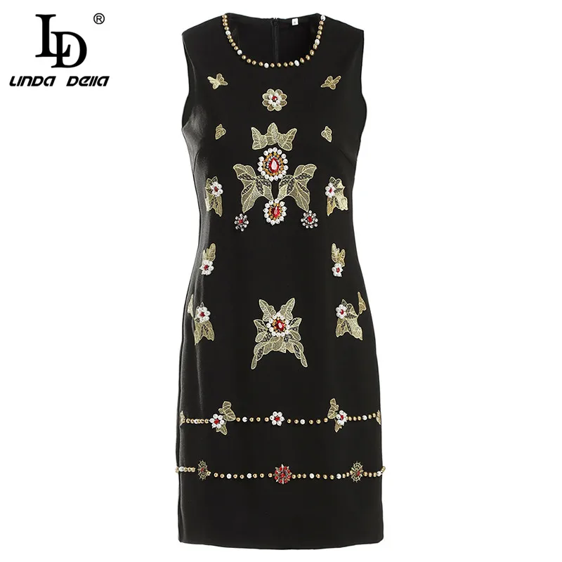 

LD LINDA DELLA New Fashion Runway Summer Dress Women's Sleeveless Gorgeous Crystal Beading Vintage Black Short Dress