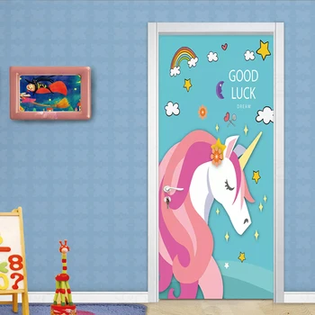 

2 Pieces/Set Self-Adhesive Door Sticker 3D Cartoon Wallpaper Kids Bedroom Waterproof Home Decoration Painting Door Decals Poster