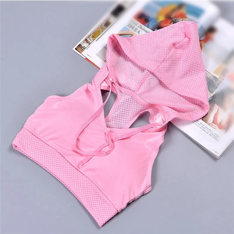 Pink Pulling Rope Shockproof Sports Bra Gym Hoodie Yoga Running Bra Tops Women Fitness Sport Tanks with Hat Sujetador Bralet