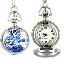 Винтажные женские кварцевые карманные часы из сплава Openable синие цветы узор Леди свитер цепь ожерелье кулон часы подарки LX
