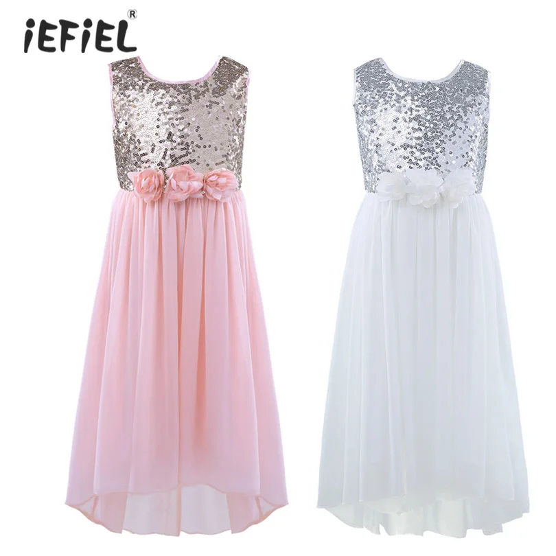 Летнее платье с блестками и цветочным узором для девочек, элегантное платье трапециевидной формы для подружки невесты, торжественное платье-пачка для торжеств, свадьбы