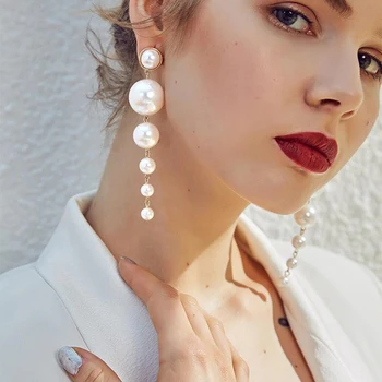 

Meyfflin Long Simulated Pearl Earrings for Women Brinco Statement Fashion Dangle Drop Earrings Boucle d'oreille Wedding Jewelry