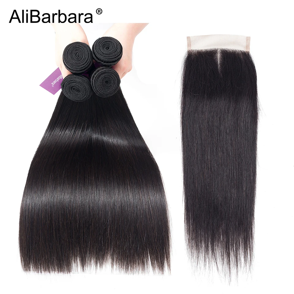 AliBarbara Straight Hair Bundles With Closure Peruvian Hair Weave Bundles With Closure Remy Human Hair Bundles With Closure 4x4