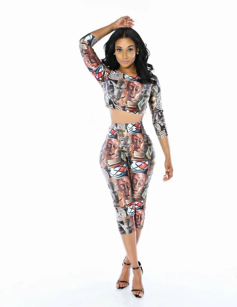 

2018 Long Sleeve 2 Pieces Set Women Horror print Halloween Outfit Womens Crop Top And Pants Bodycon Sexy Two Pieces for Female