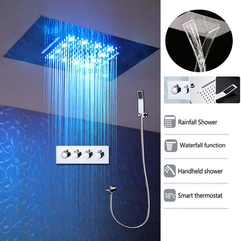 

Stainless Steel Big Rain Shower 360*500MM Square Ceiling Shower Faucets Set LED Lights Thermostatic Waterfall Spout