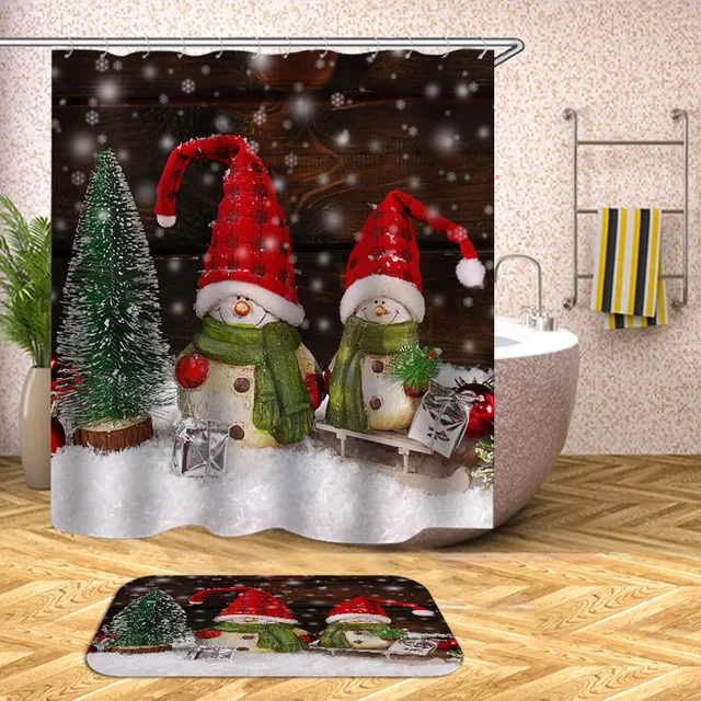Christmas Shower Curtain Snowman Santa Claus Waterproof Bath Curtains