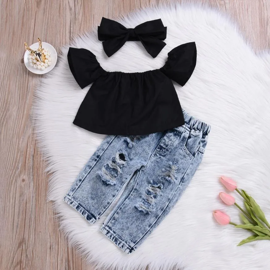 2Pcs Fashion Girls Clothes Set Off Shoulder Tops T-Shirts Denim Pants Ripped Jeans Set Summer Baby Bebes Children Clothing Set HTB1E55VL3HqK1RjSZJnq6zNLpXai - 2Pcs Fashion Girls Clothes Set Off Shoulder Tops T-Shirts Denim Pants Ripped Jeans Set Summer Baby Bebes Children Clothing Set