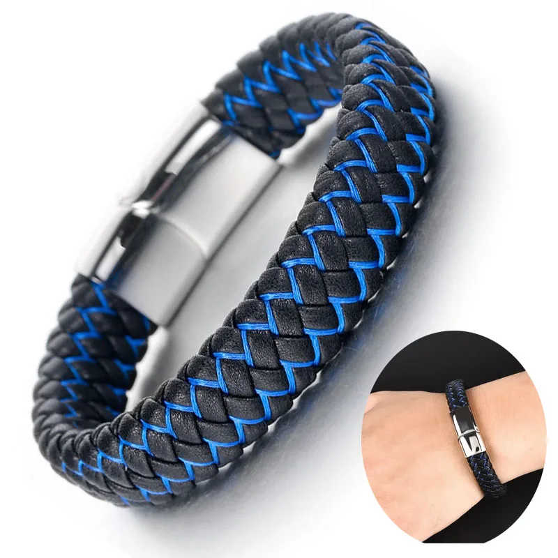 

2019 Fashion Men Jewelry Punk Braided Leather Bracelet for Men Stainless Steel Magnetic Clasp Black Blue Bangles armband