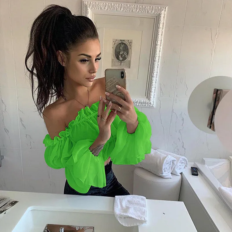 2019 الصيف Chinffon المحاصيل قمم تي شيرت المرأة تيز مثير القطع الرقبة كم طويل قمصان عارضة لطيف الكشكشة النساء تي شيرت الإناث