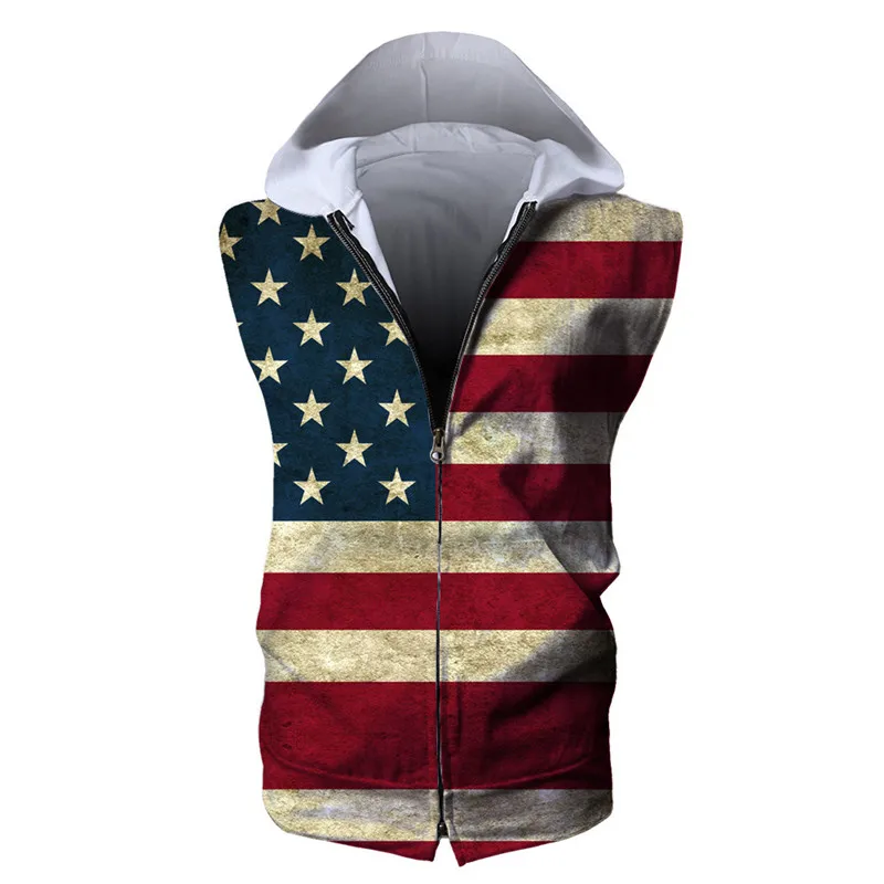 Men Zipper Sleeveless Hoodie USA American Flag 3D Print Sweatshirts Hoodies Tops