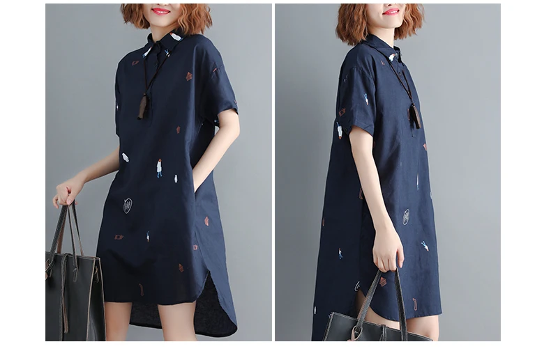 Women Casual Large size Asymmetrical hem Cotton& Linen Blouse Summer Big Size Mid-Long Turn-down Collar Long Tunic shirt