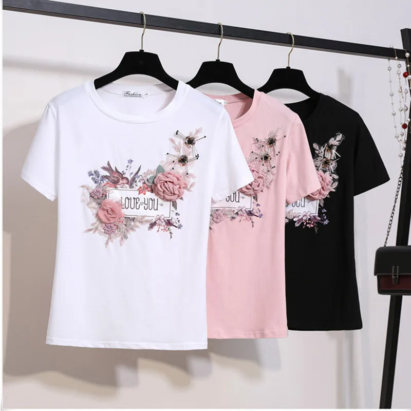 

2019 Summer Embroidery Sequined Flower Appliques Letter T-Shirts Women O-Neck Short Sleeve Girl Tops T-shirts Floral Tee Shirt